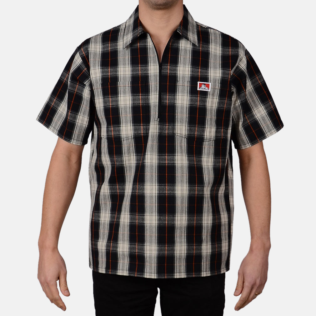 Short Sleeve Plaid 1/2 Zip Shirt - Black/Cream