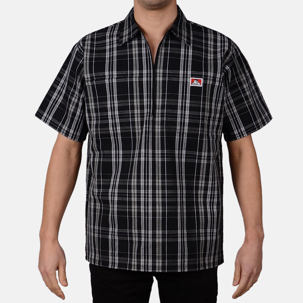 Short Sleeve Plaid 1/2 Zip Shirt - Black/White