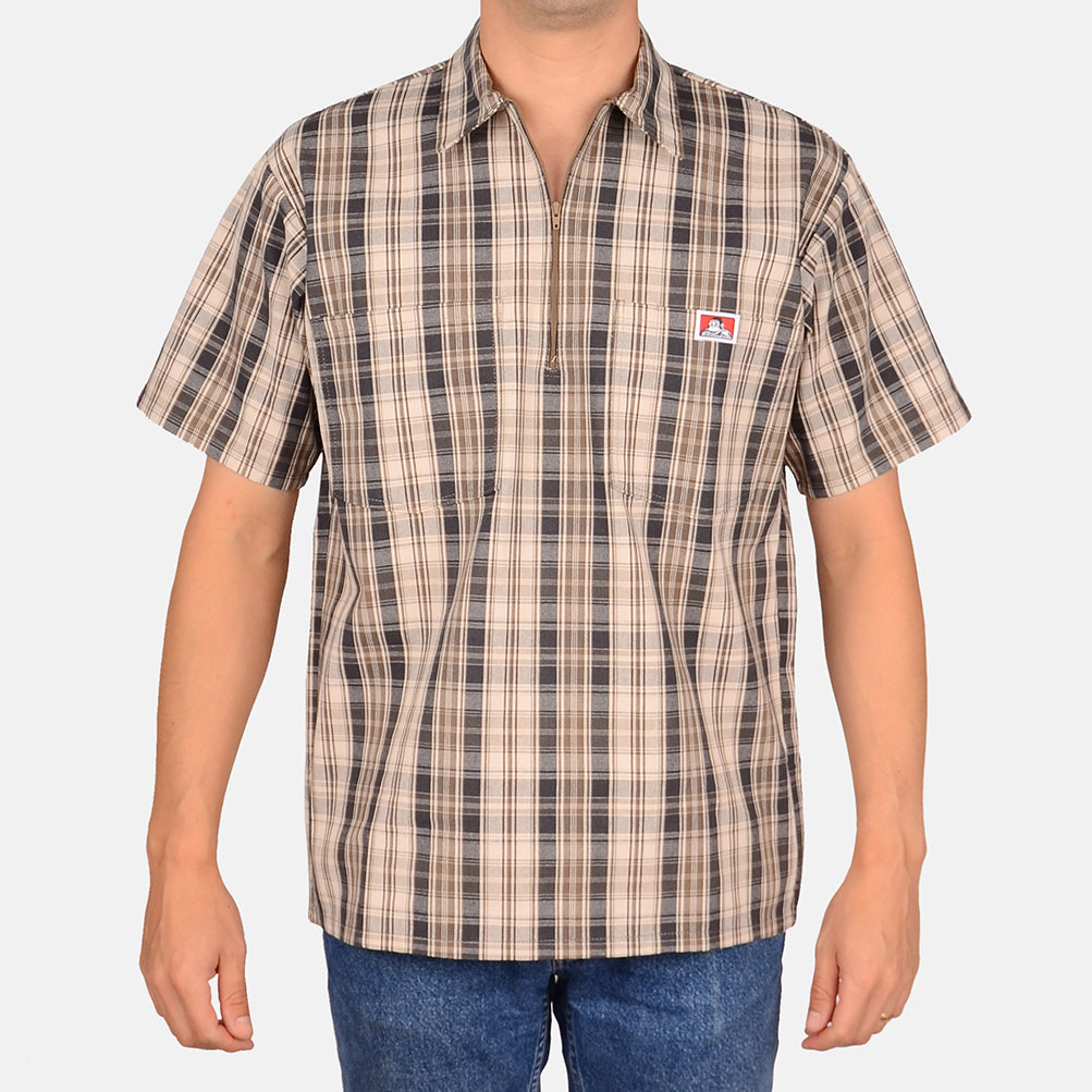 Short Sleeve Plaid 1/2 Zip Shirt - Khaki/Grey