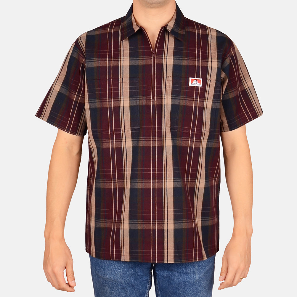 Short Sleeve Plaid 1/2 Zip Shirt - Burgundy