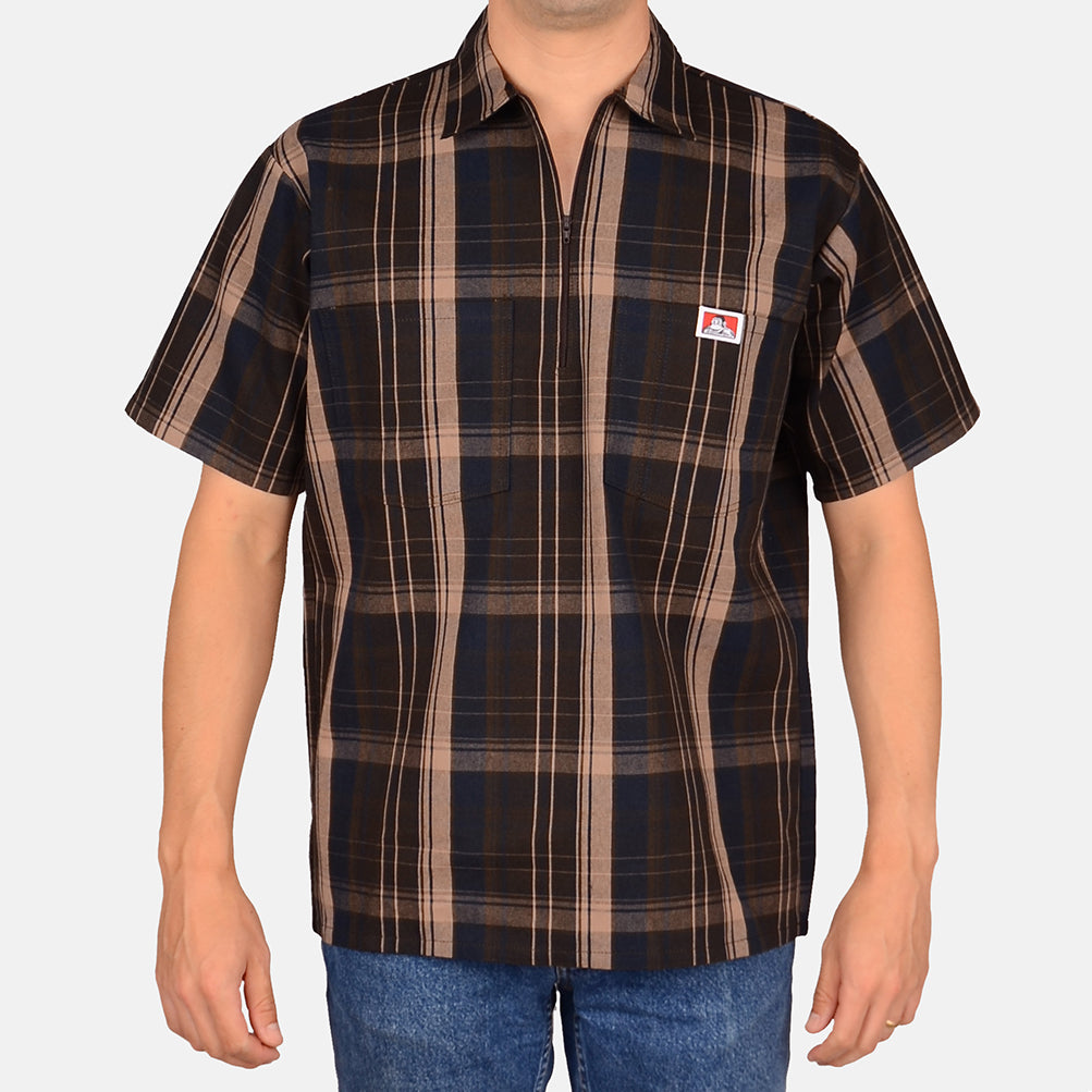Short Sleeve Plaid 1/2 Zip Shirt - Brown