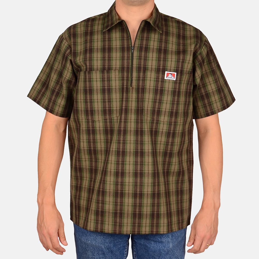 Short Sleeve Plaid 1/2 Zip Shirt - Olive