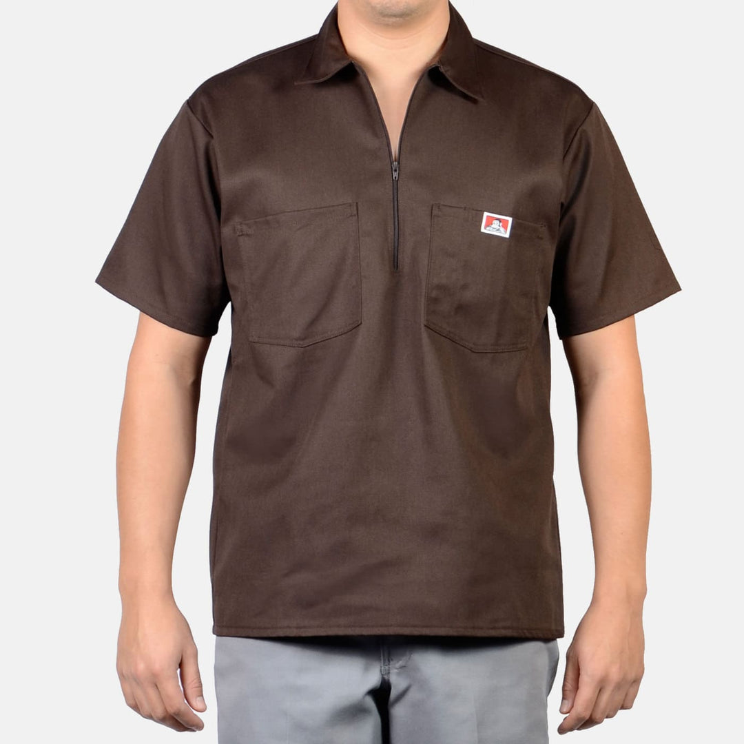 Short Sleeve Solid 1/2 Zip Shirt - Brown