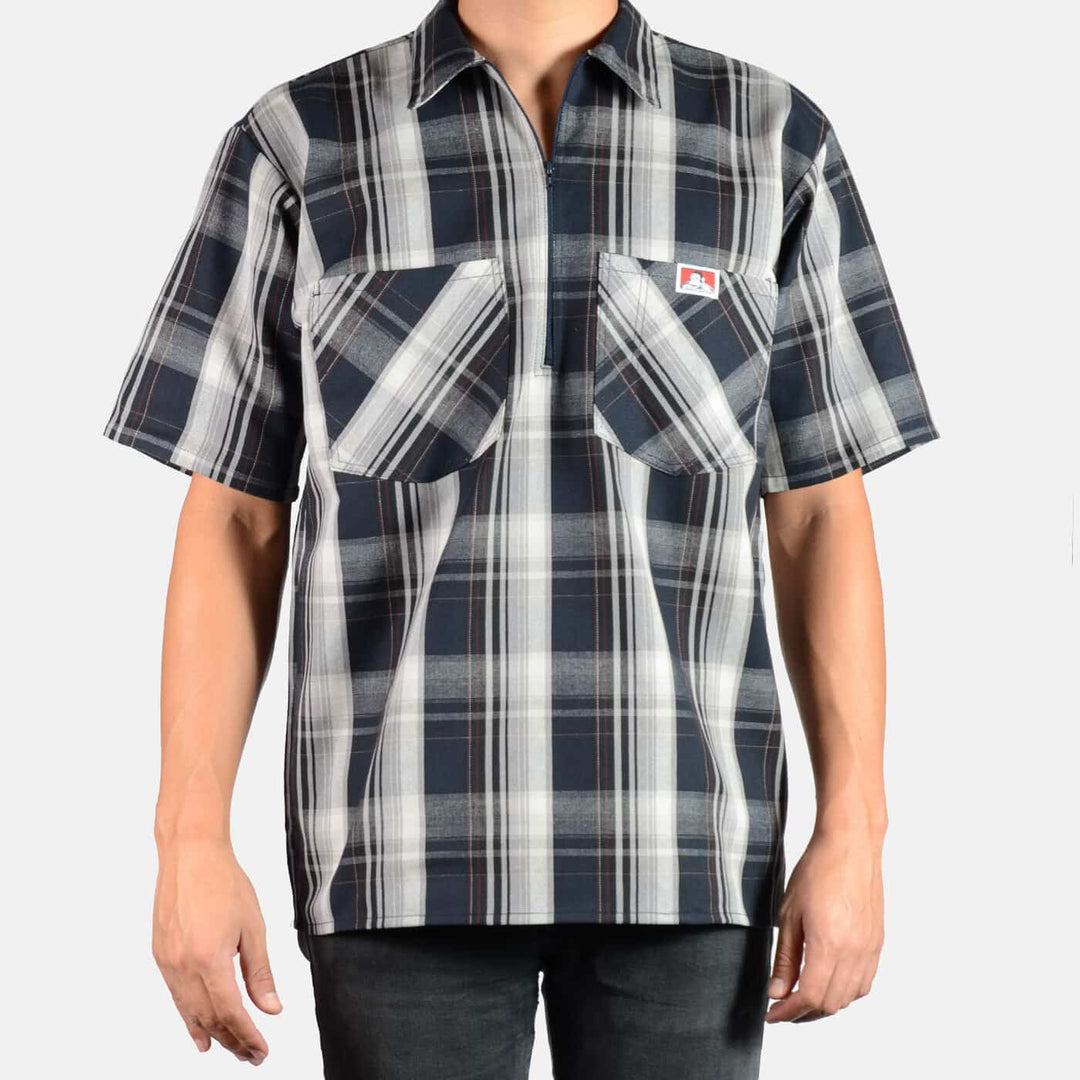 Short Sleeve Plaid 1/2 Zip Shirt - Navy/Grey