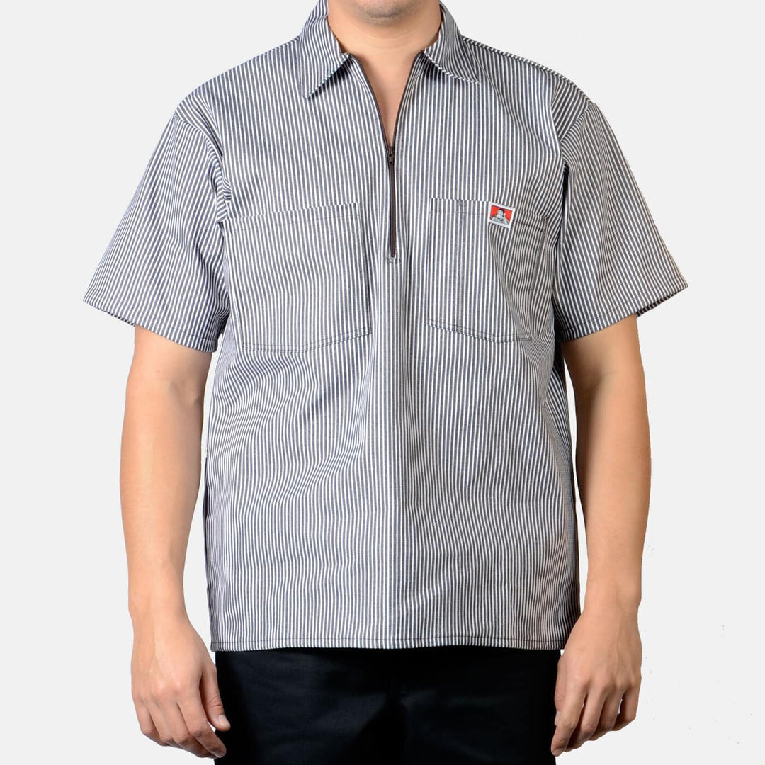 Short Sleeve Striped 1/2 Zip Shirt - Brown