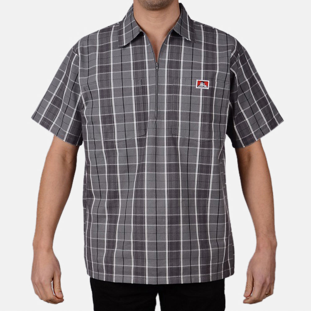 Short Sleeve Plaid 1/2 Zip Shirt - Grey/Black