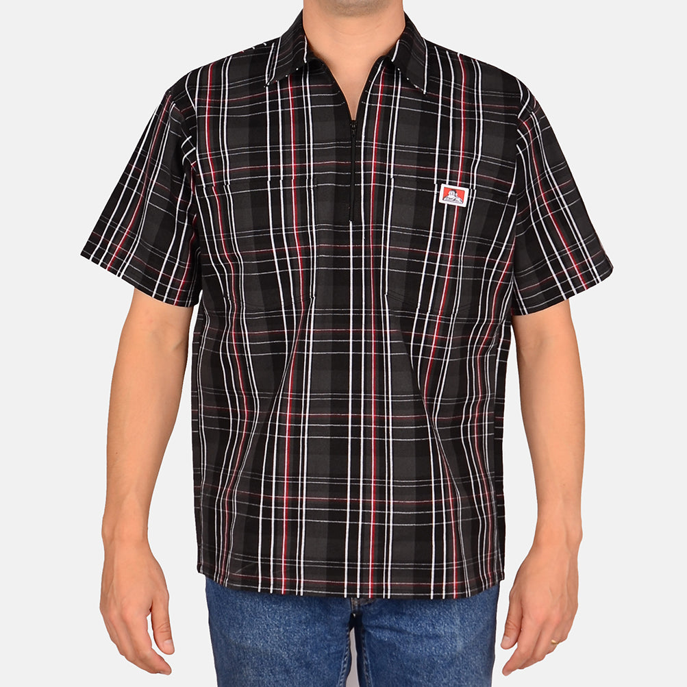 Short Sleeve Plaid 1/2 Zip Shirt