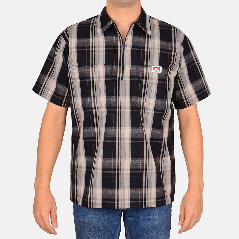 Short Sleeve Plaid 1/2 Zip Shirt - Navy/Grey