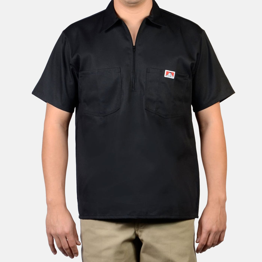 Sleeve Solid 1/2 Zip Shirt - Black Short