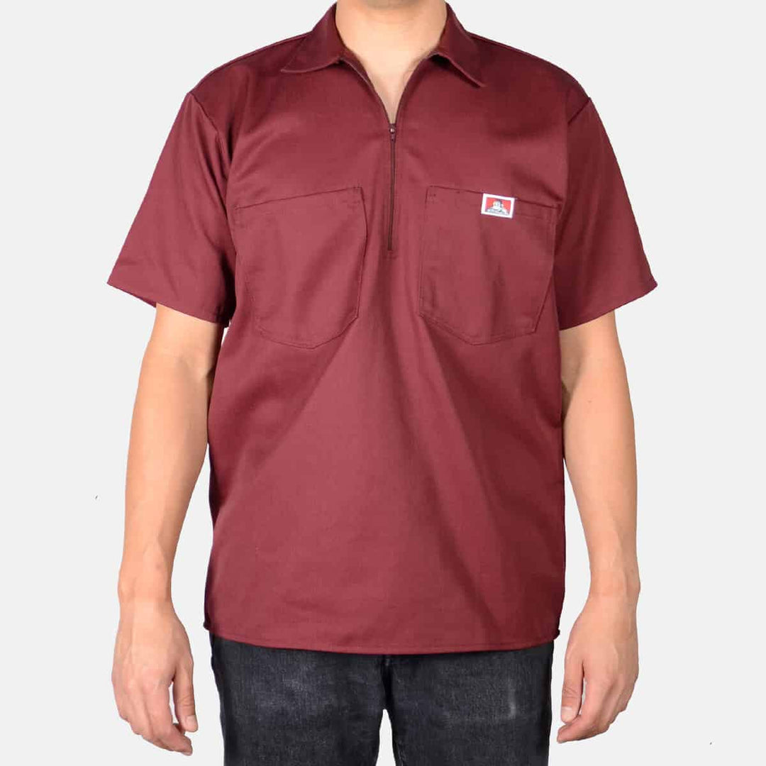Short Sleeve Solid 1/2 Zip Shirt - Burgundy