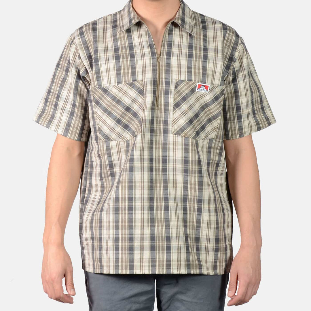 Short Sleeve Plaid 1/2 Zip Shirt - Khaki/Grey