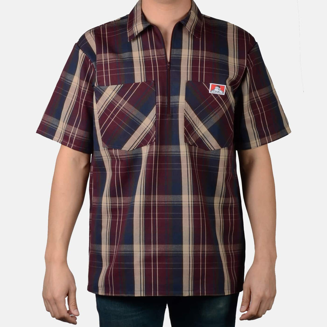 Short Sleeve Plaid 1/2 Zip Shirt - Burgundy