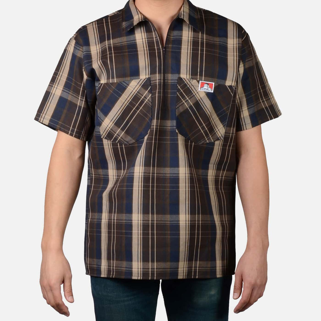 Short Sleeve Plaid 1/2 Zip Shirt - Brown