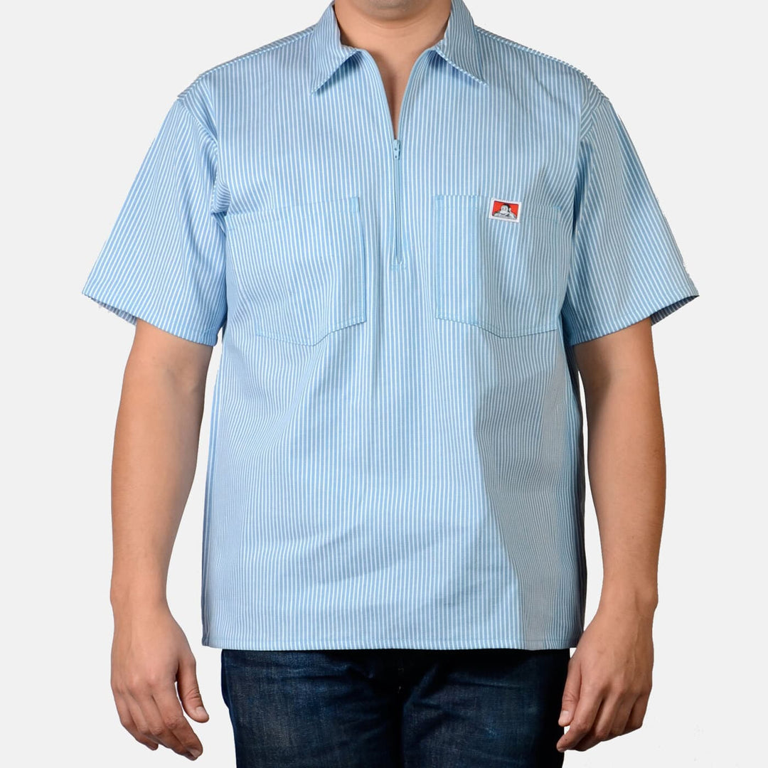 Short Sleeve Striped 1/2 Zip Shirt - Blue