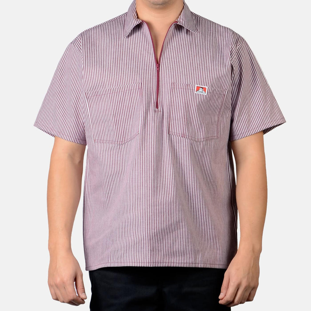 【ANGLAN】Pocket Stripe Big Half Shirt Short Sleeve Striped 1/2 Zip Shirt - Hickory