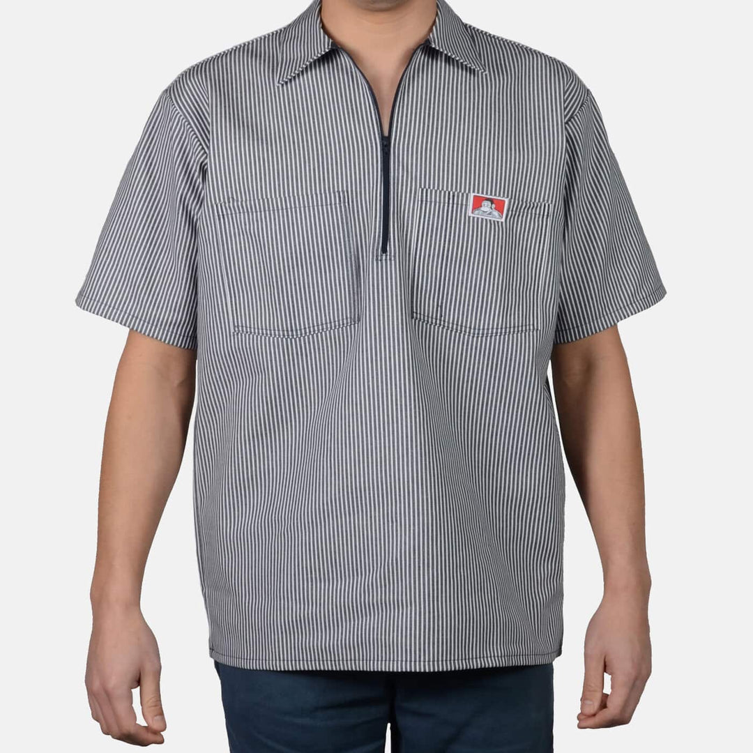 Short Sleeve Striped 1/2 Zip Shirt - Navy